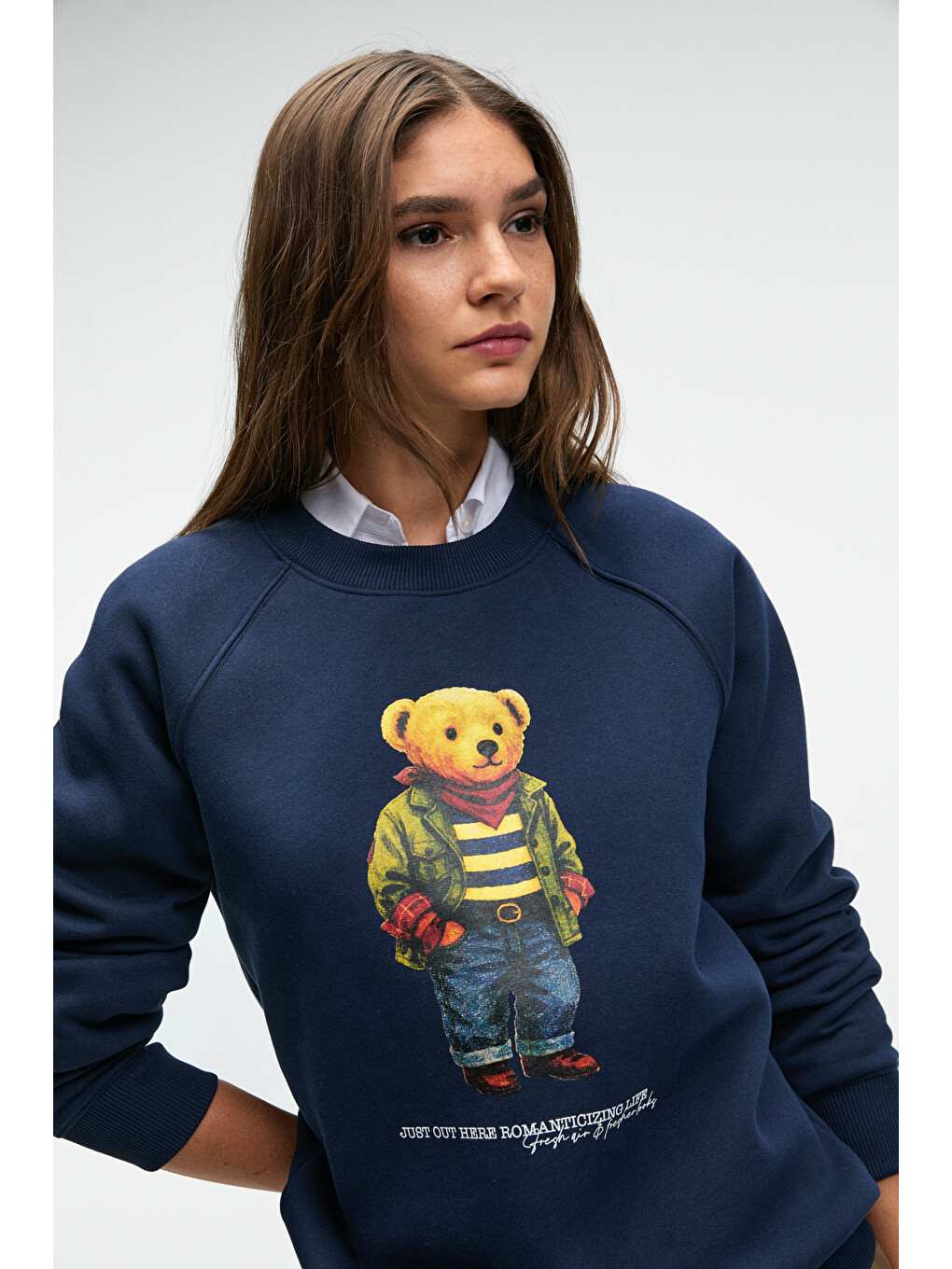 Aelorıa Kadın Önü Baskılı Reglan Kol Oversize Lacivert Sweatshirt-2