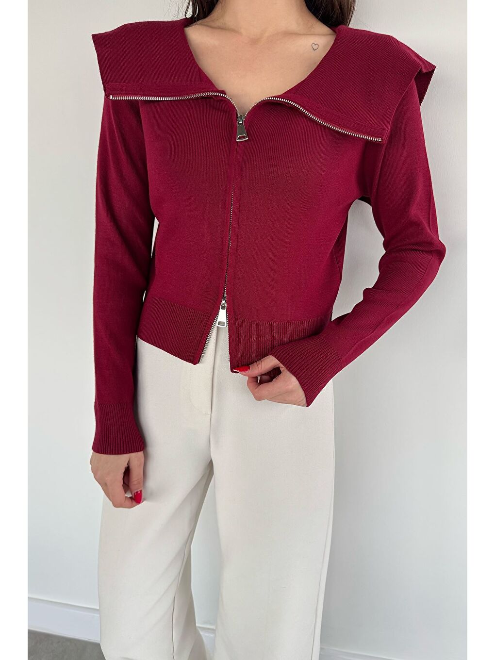Bordo Kadın Bebe Yaka Fermuarlı Triko Bluz-2