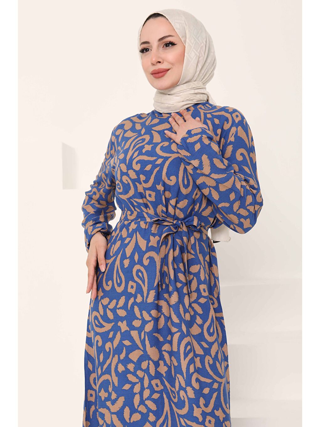 Bej Kuşaklı Desenli Elbise Vizon - 27042-1