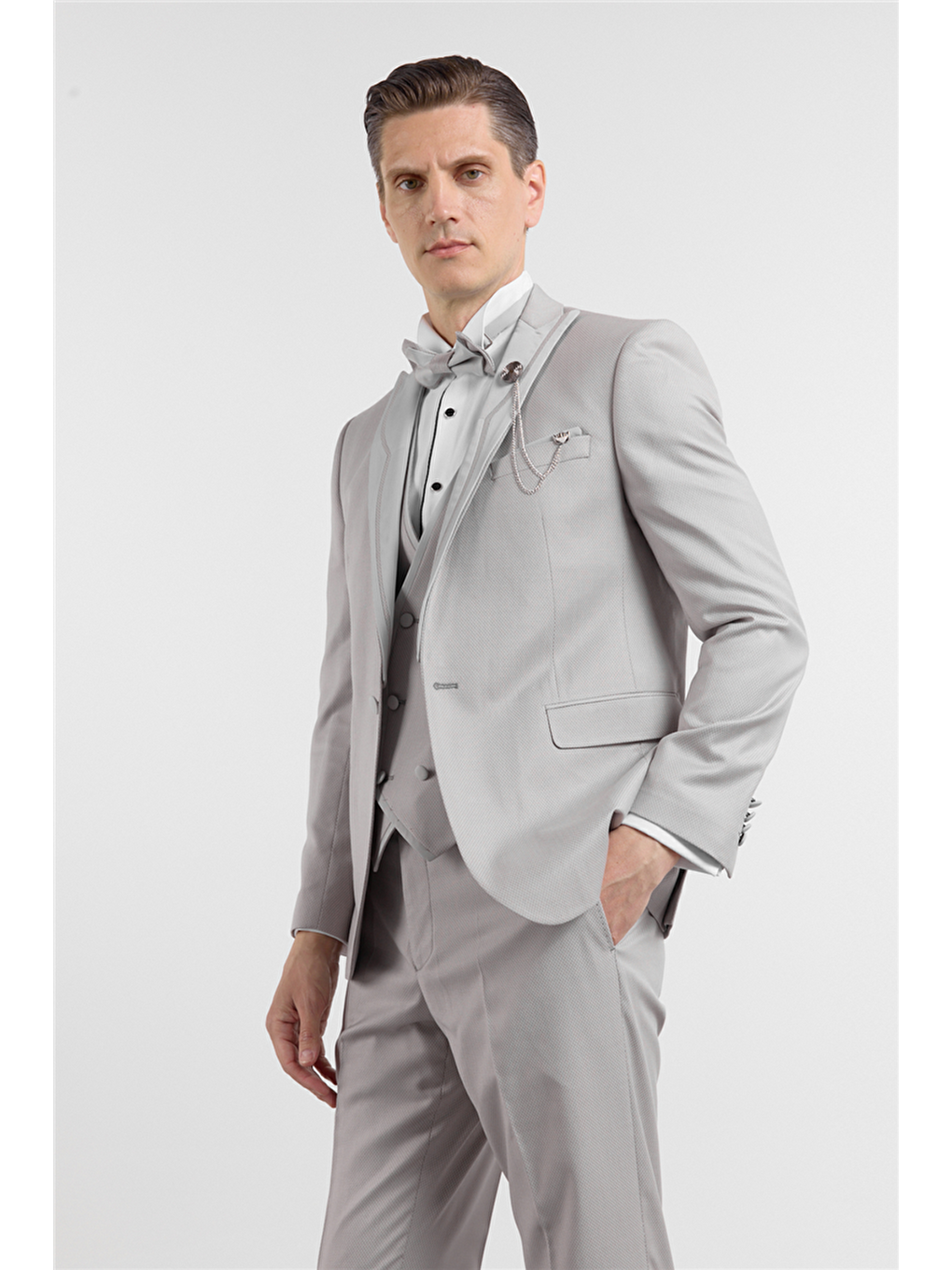 Gri Kılıç Yaka Çift Yırtmaç Esnek 6 Drop Slim Fit Damatlık Takım Elbise 1001250205-1