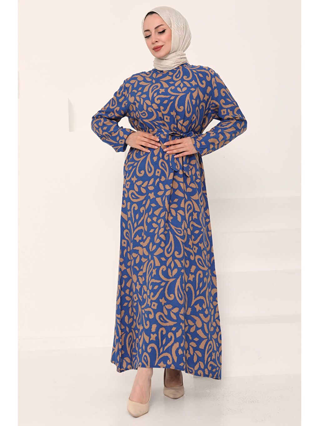 Bej Kuşaklı Desenli Elbise Vizon - 27042-2