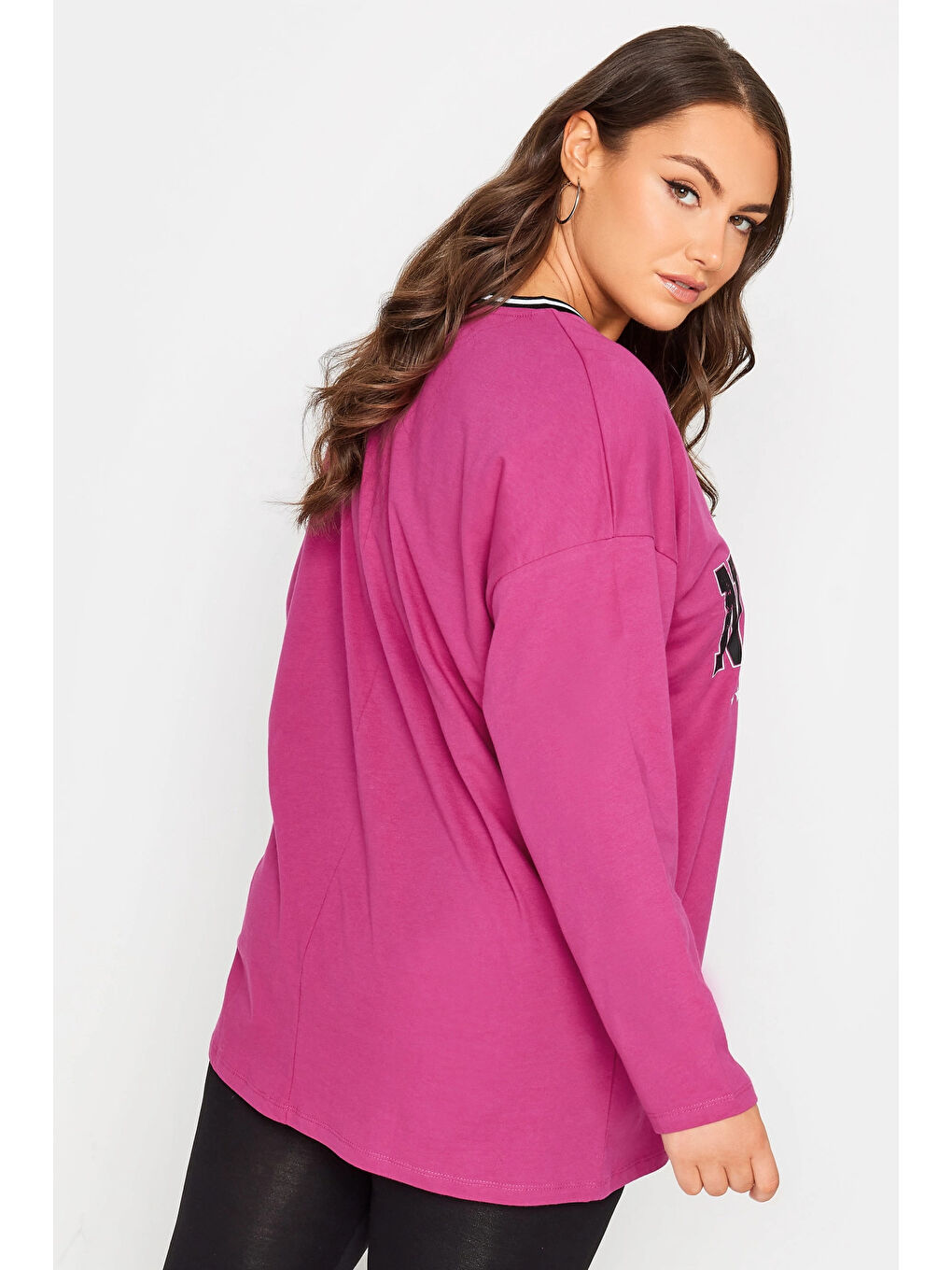 Stil Diva Pembe Büyük Beden V Yaka Uzun Kollu Baskılı Oversize T-shirt 321324 - 4