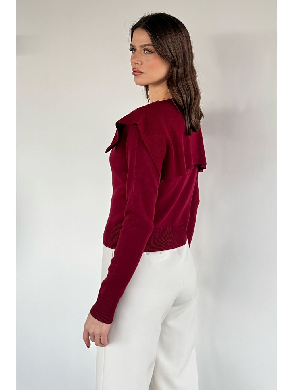 Bordo Kadın Bebe Yaka Fermuarlı Triko Bluz-3