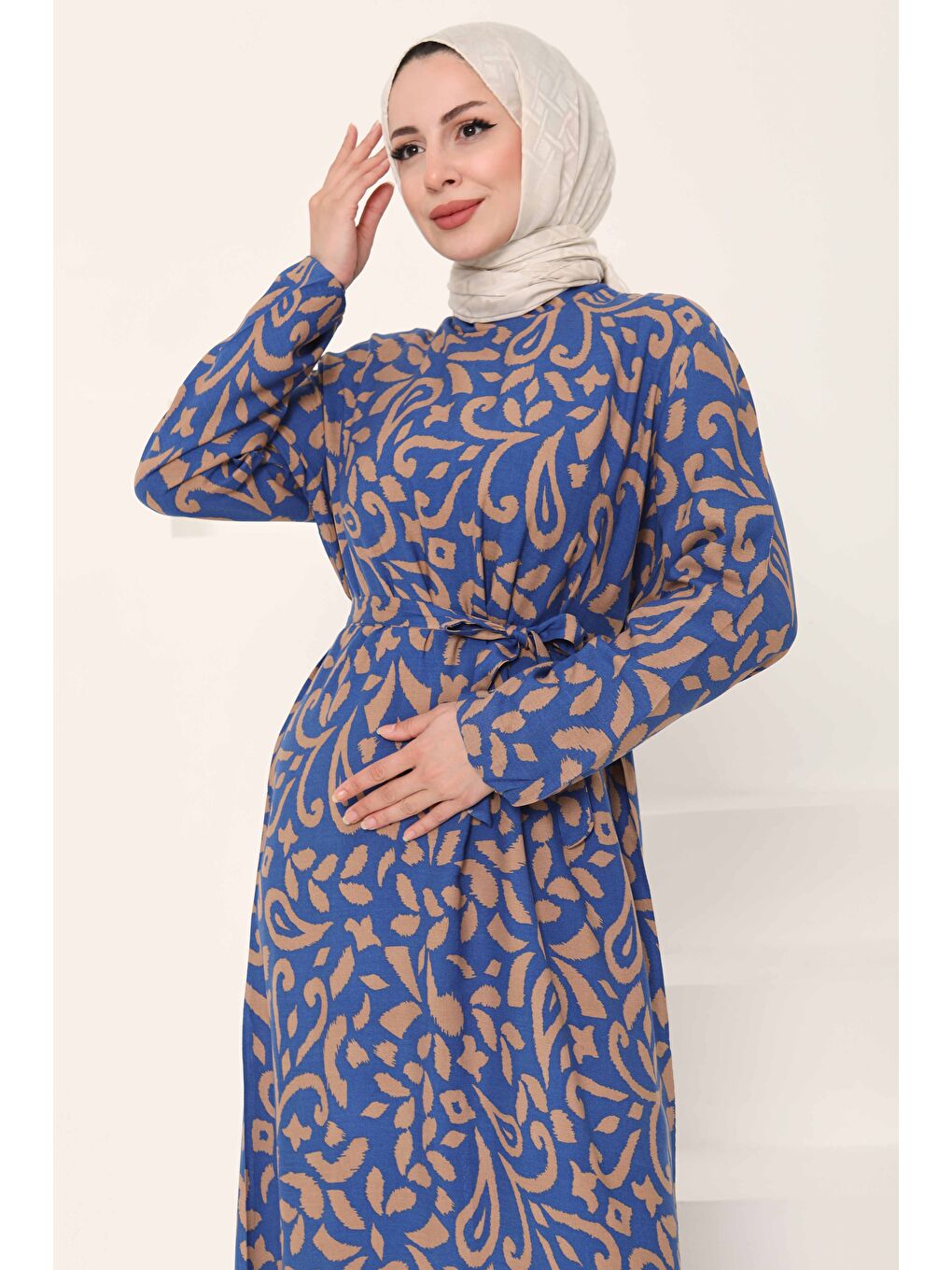 Bej Kuşaklı Desenli Elbise Vizon - 27042-3