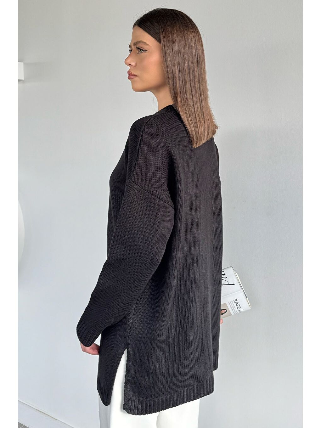 Siyah Kadın Bisiklet Yaka Yırtmaçlı Triko Tunik-3