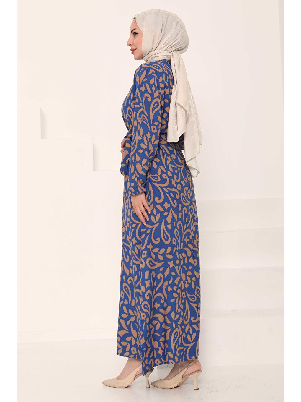 Bej Kuşaklı Desenli Elbise Vizon - 27042-4