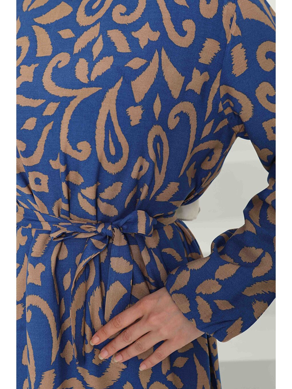 Bej Kuşaklı Desenli Elbise Vizon - 27042-5