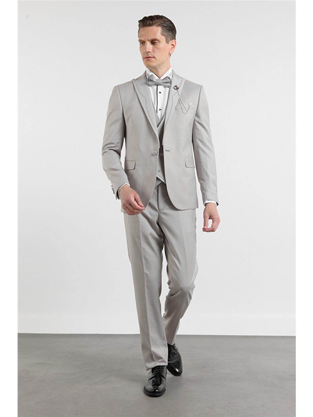 Gri Kılıç Yaka Çift Yırtmaç Esnek 6 Drop Slim Fit Damatlık Takım Elbise 1001250205-2