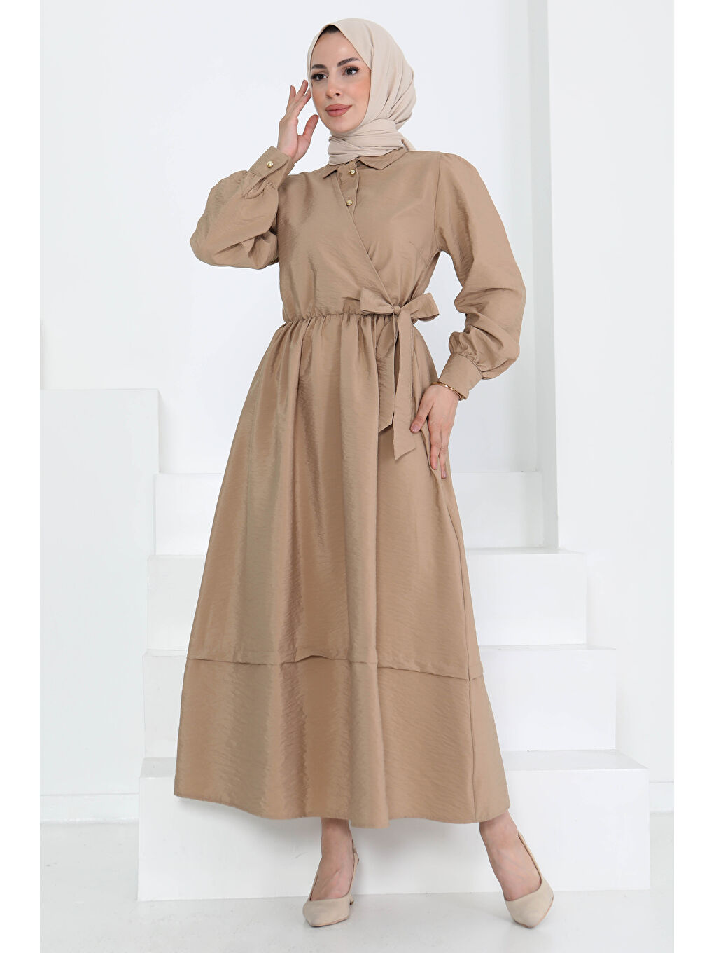 Bej Bağlamalı Elbise Vizon - 27186