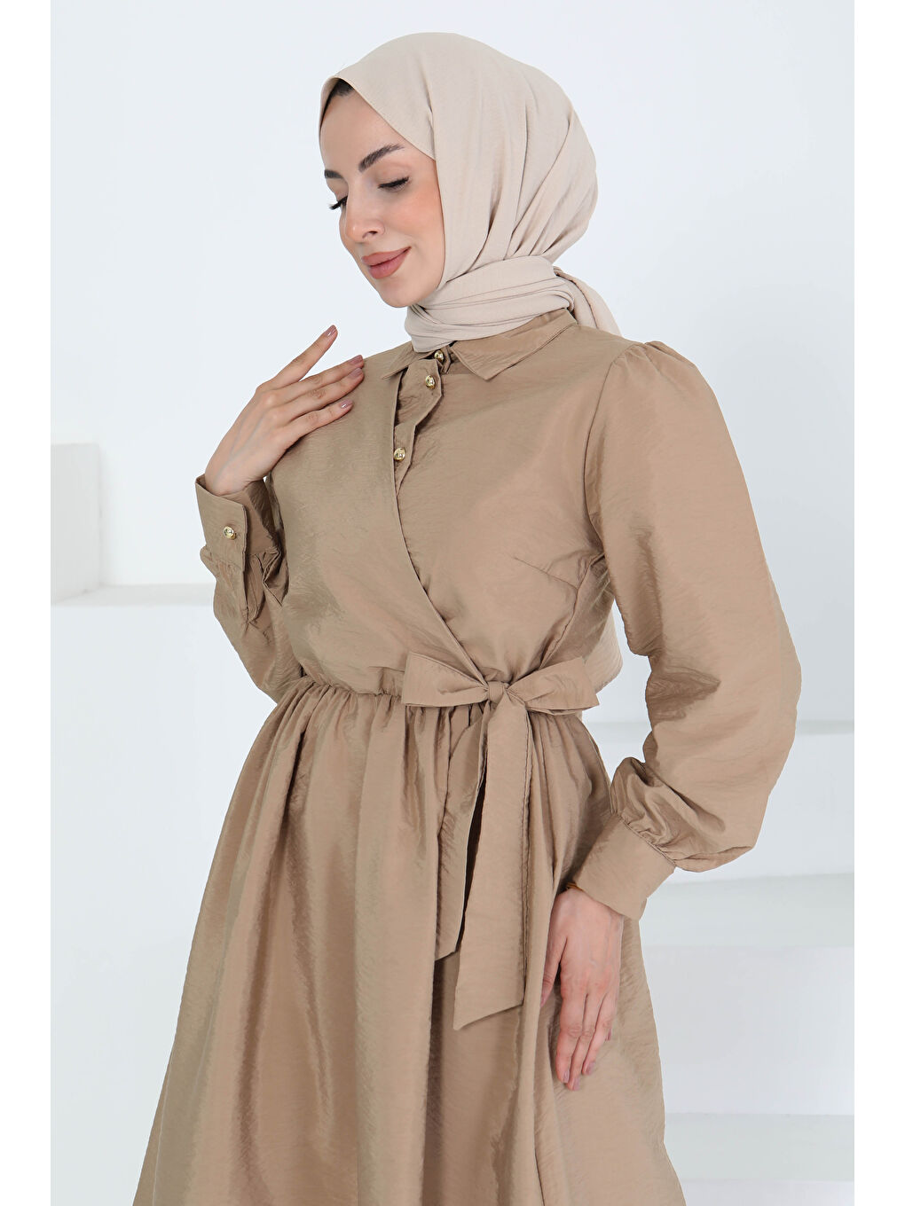 Bej Bağlamalı Elbise Vizon - 27186-1