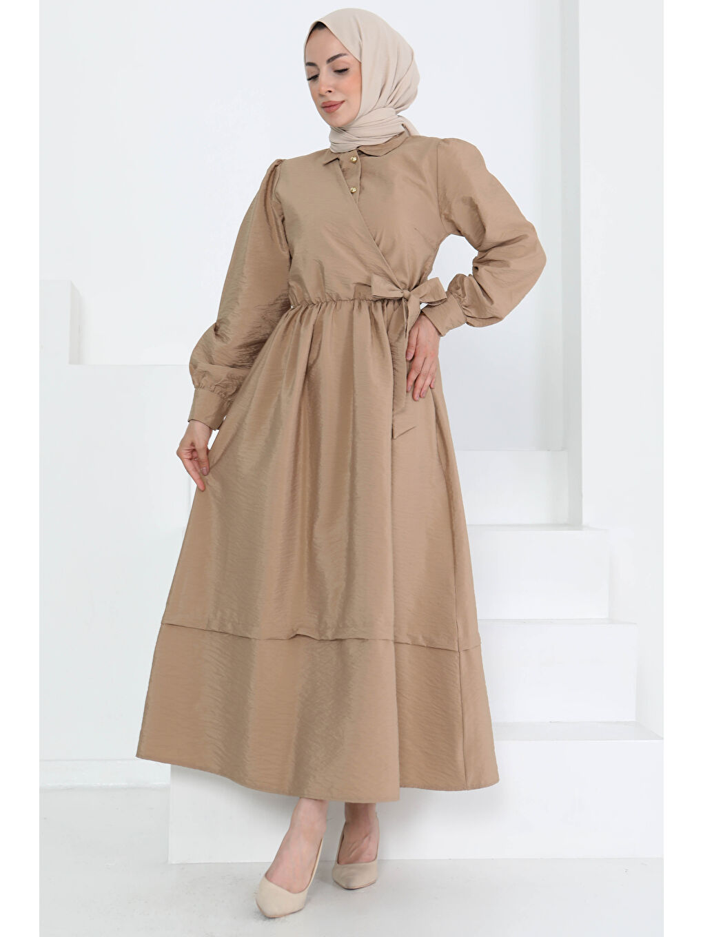 Bej Bağlamalı Elbise Vizon - 27186-2