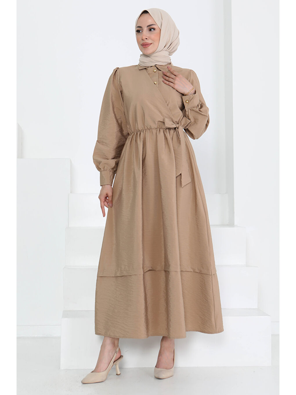 Bej Bağlamalı Elbise Vizon - 27186-3