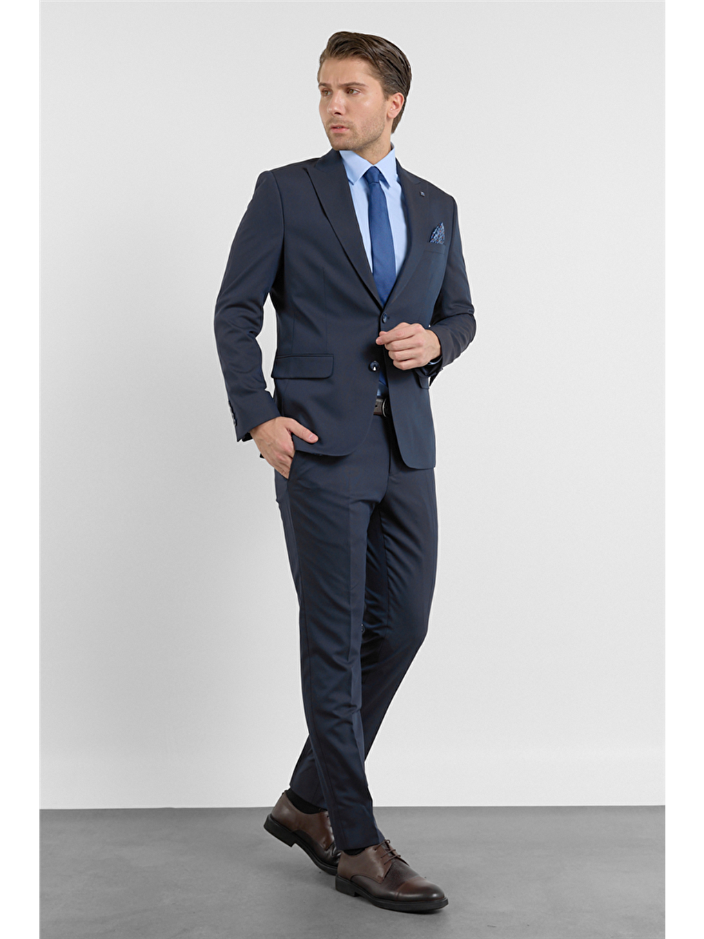 Lacivert Kılıç Yaka Kendinden Desenli 6 Drop Slim Fit Esnek Takım Elbise 1001260158