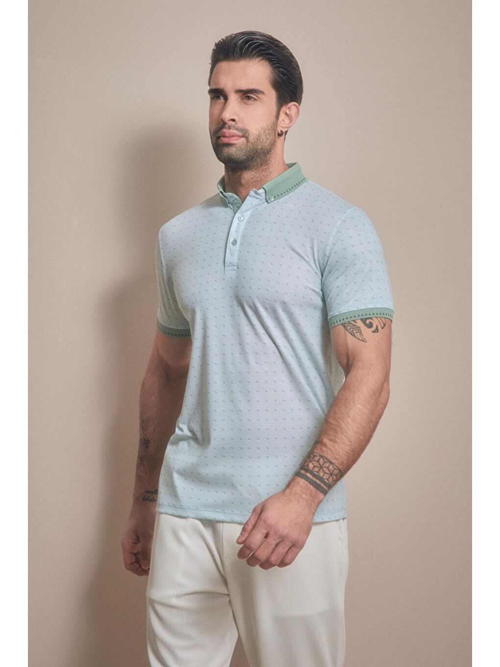 Turkuaz Baskılı Polo Yaka Tişört-1