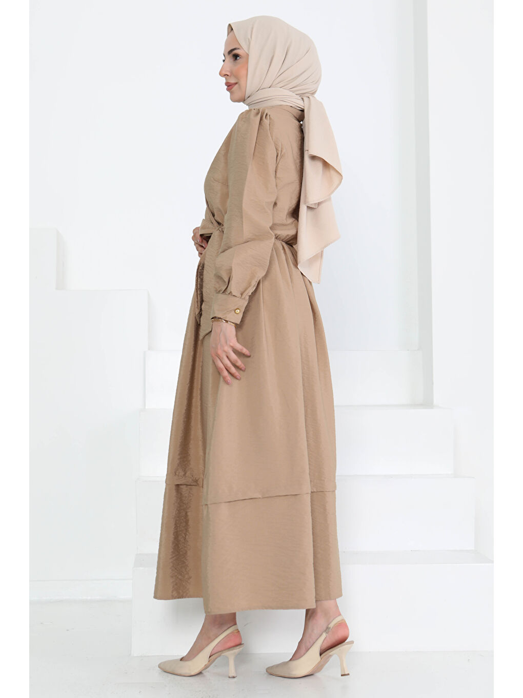 Bej Bağlamalı Elbise Vizon - 27186-5