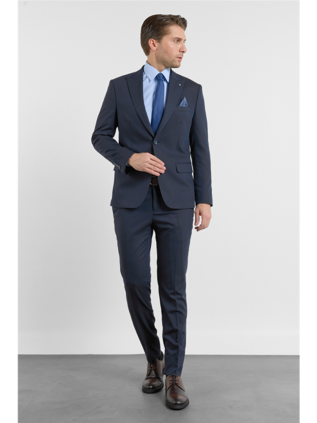 Lacivert Kılıç Yaka Kendinden Desenli 6 Drop Slim Fit Esnek Takım Elbise 1001260158-1