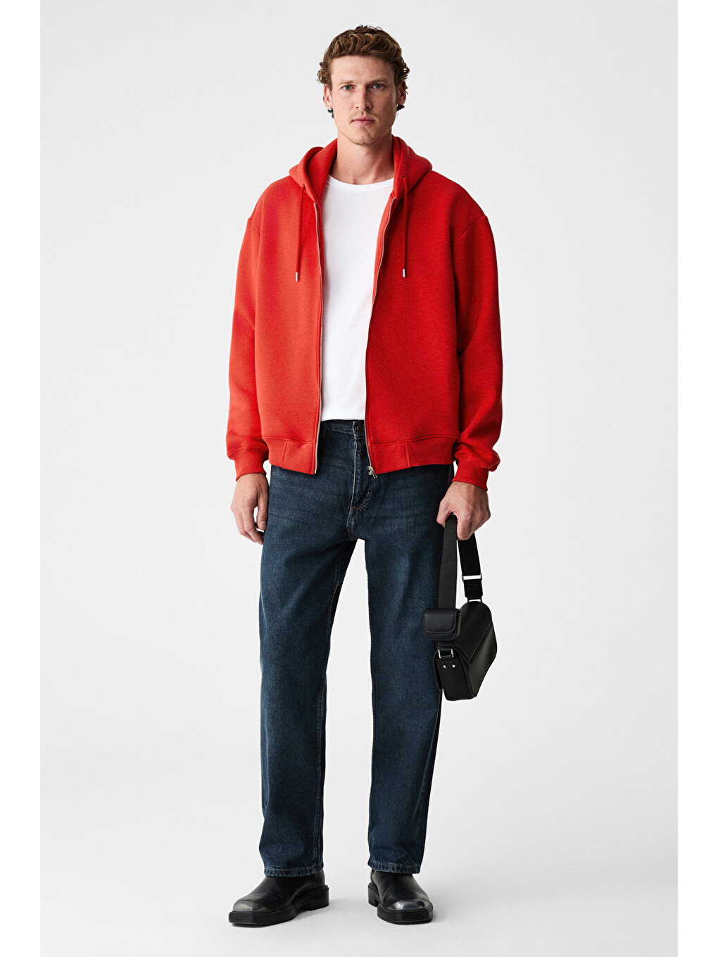 Ashby Erkek Kapüşonlu Fermuarlı Cepli Kordonlu Boxy Kalıp Kırmızı Sweatshirt