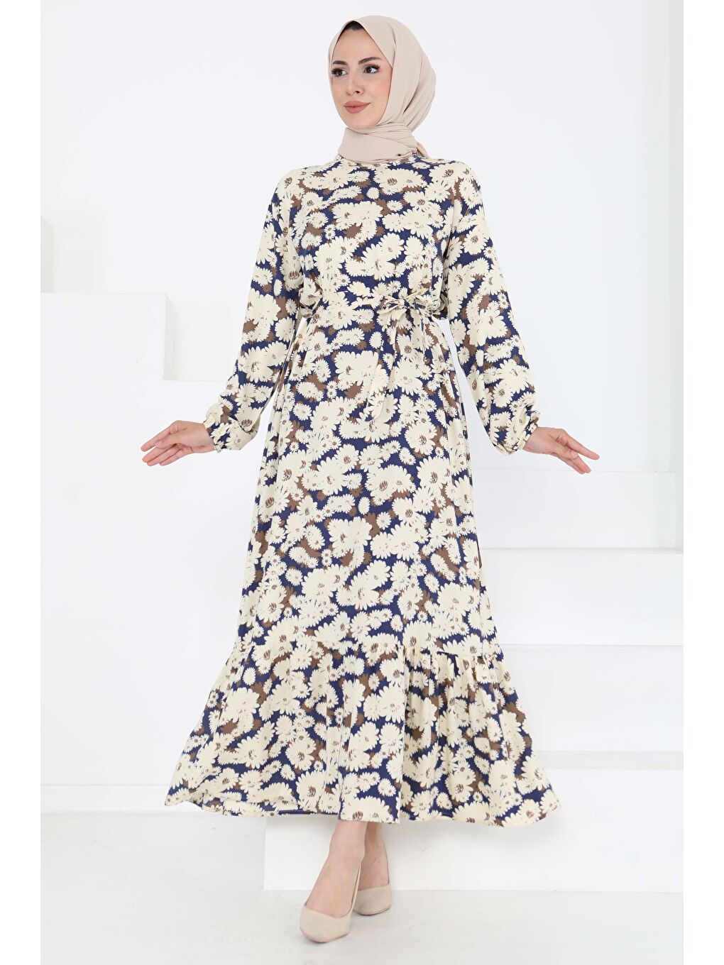 Çiçek Desenli Elbise Lacivert - 27190