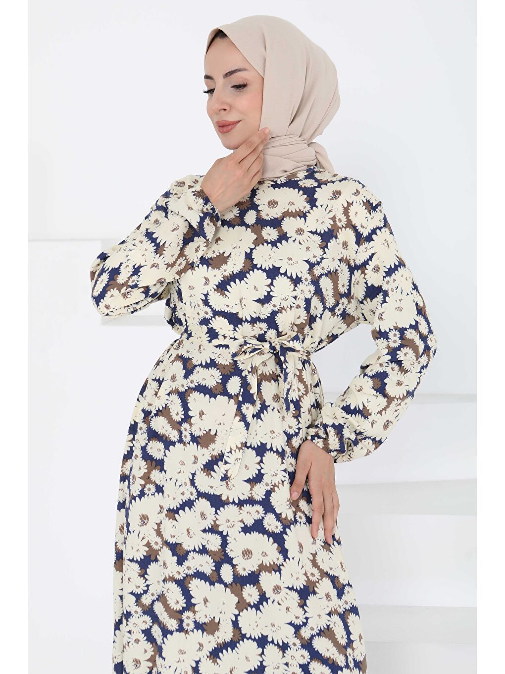 Çiçek Desenli Elbise Lacivert - 27190-1