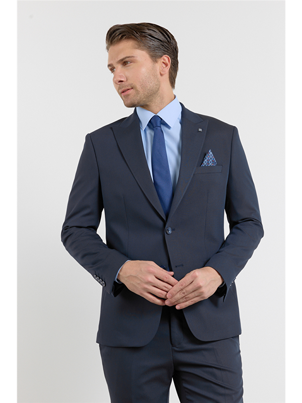 Lacivert Kılıç Yaka Kendinden Desenli 6 Drop Slim Fit Esnek Takım Elbise 1001260158-2