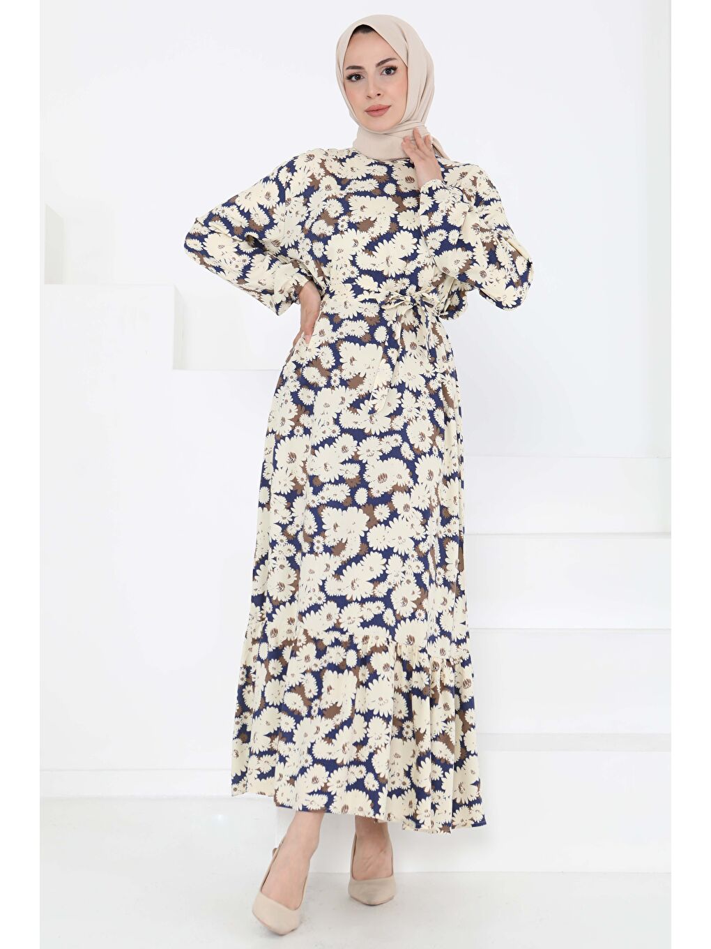 Çiçek Desenli Elbise Lacivert - 27190-2