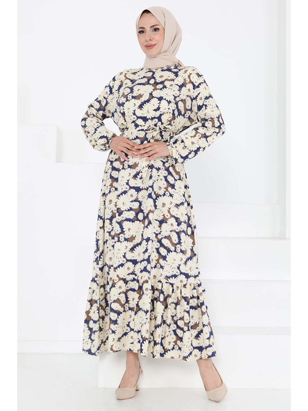 Çiçek Desenli Elbise Lacivert - 27190-3