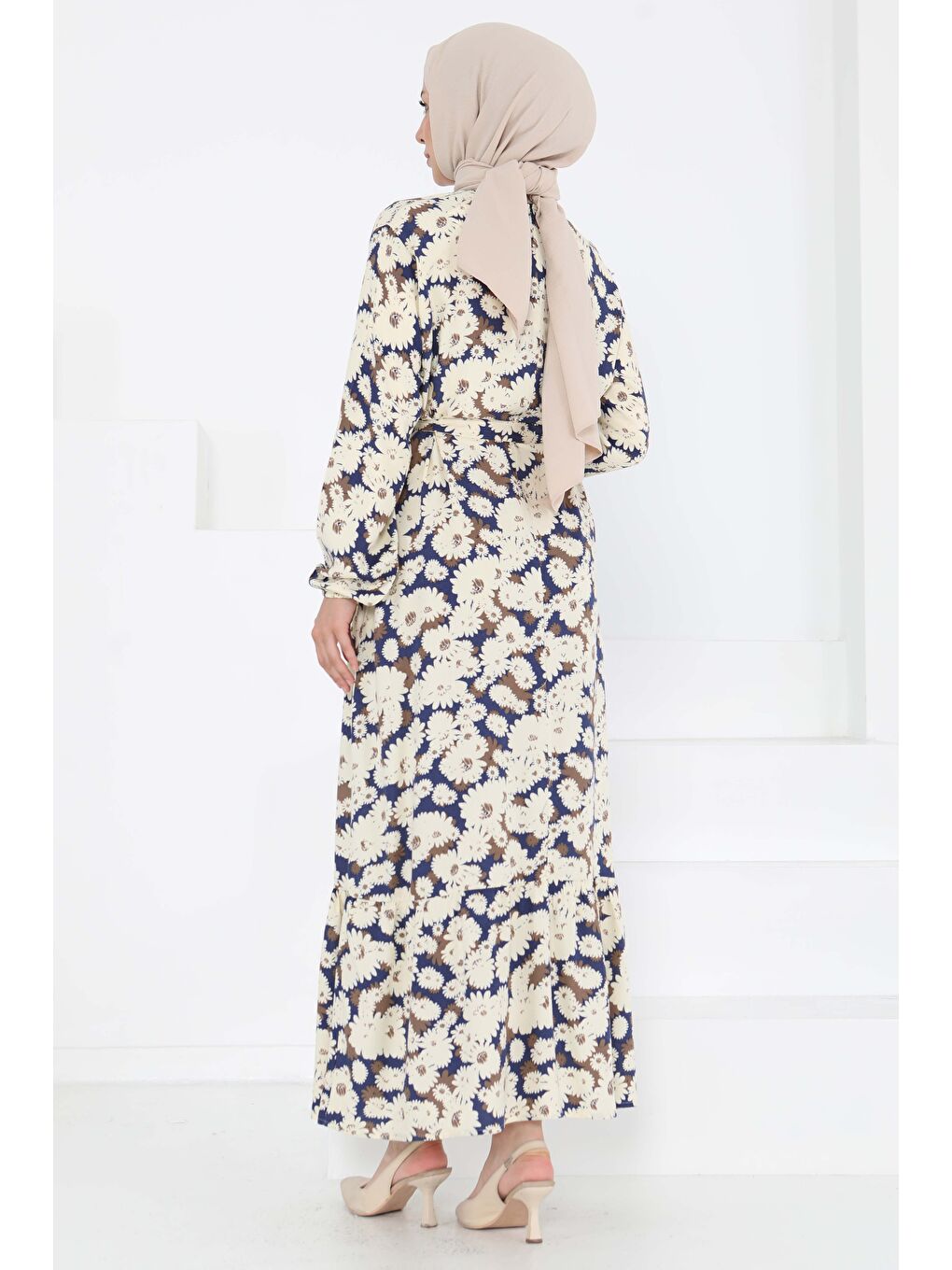 Çiçek Desenli Elbise Lacivert - 27190-5