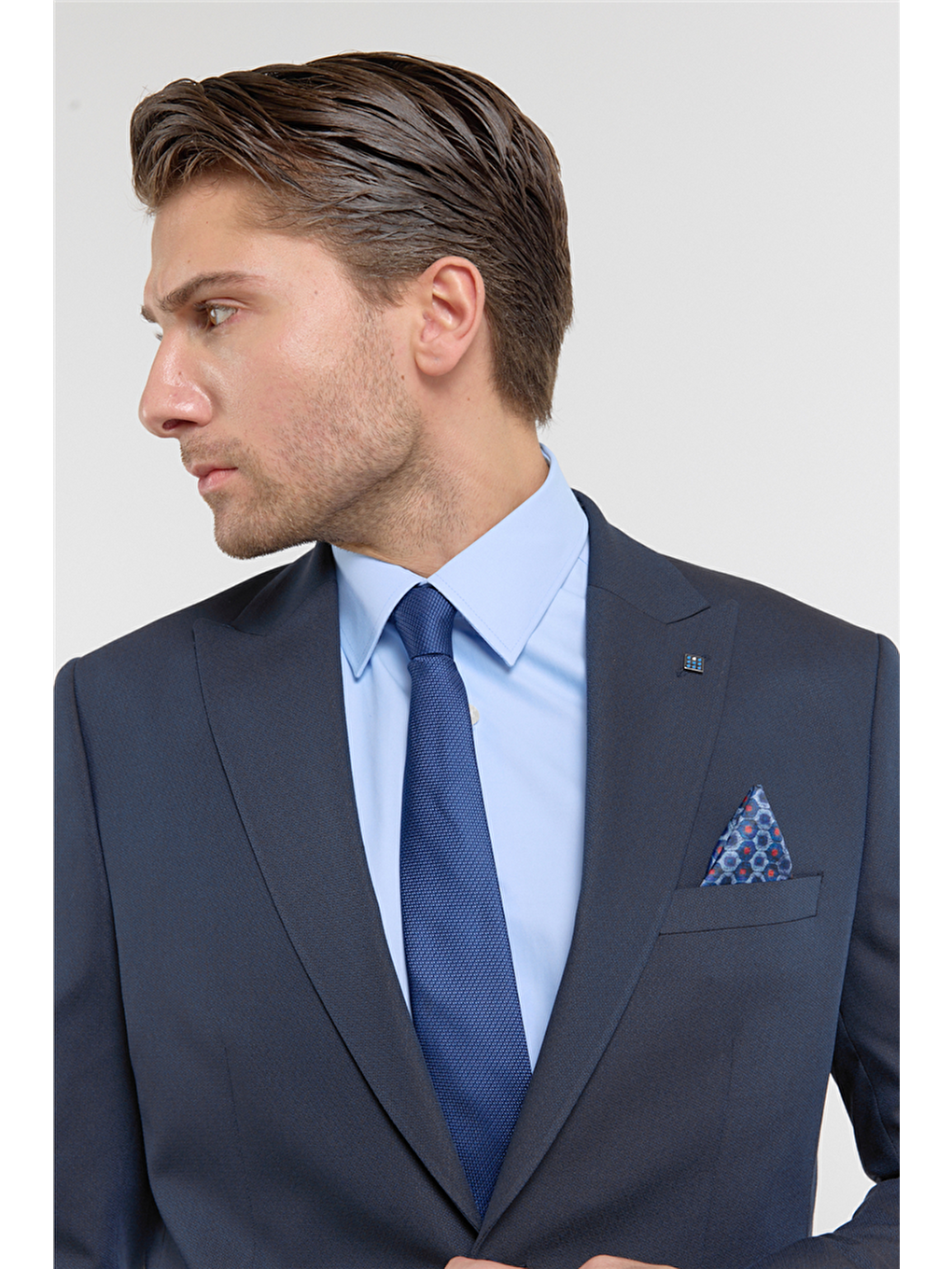 Lacivert Kılıç Yaka Kendinden Desenli 6 Drop Slim Fit Esnek Takım Elbise 1001260158-3