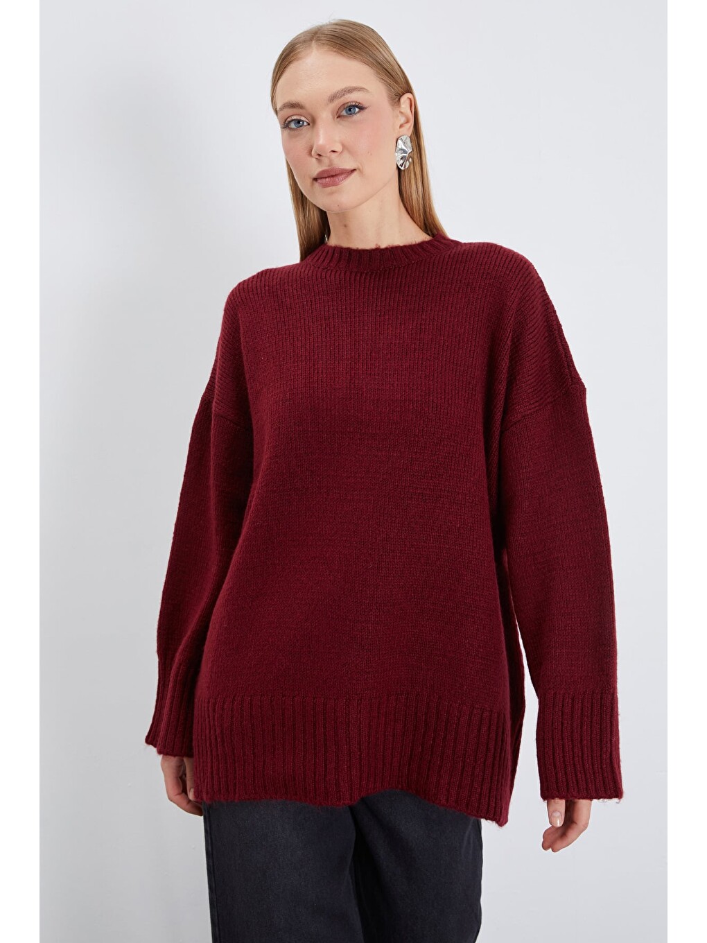 Bordo Basic Bisiklet Yaka Oversize Triko Kazak-1