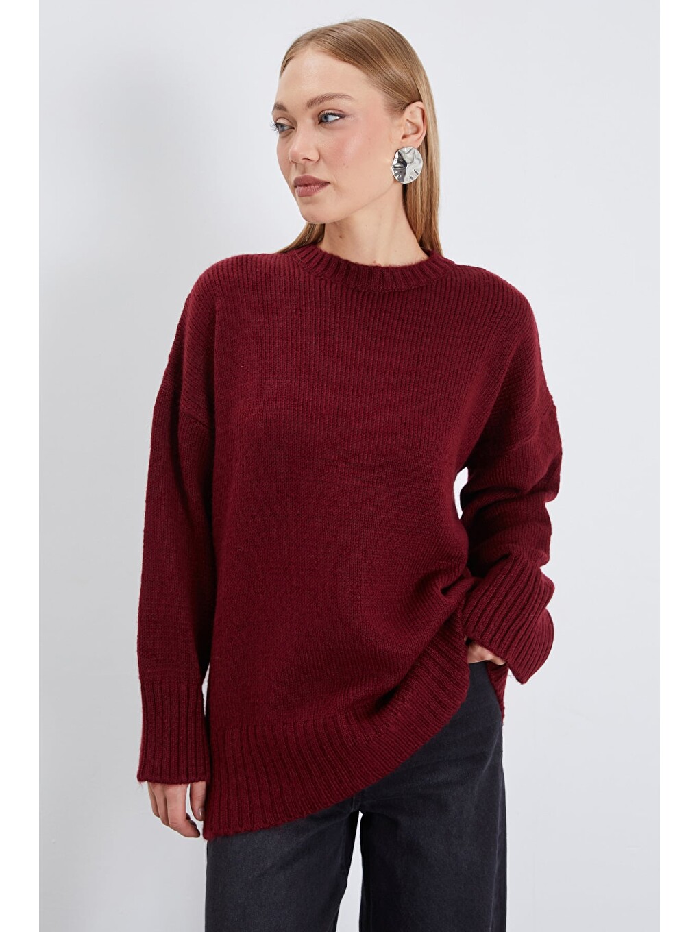 Bordo Basic Bisiklet Yaka Oversize Triko Kazak-2