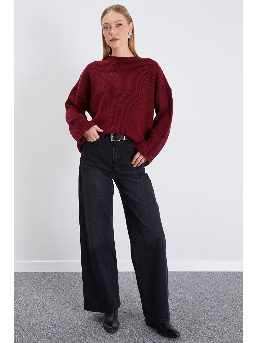 Bordo Basic Bisiklet Yaka Oversize Triko Kazak-3
