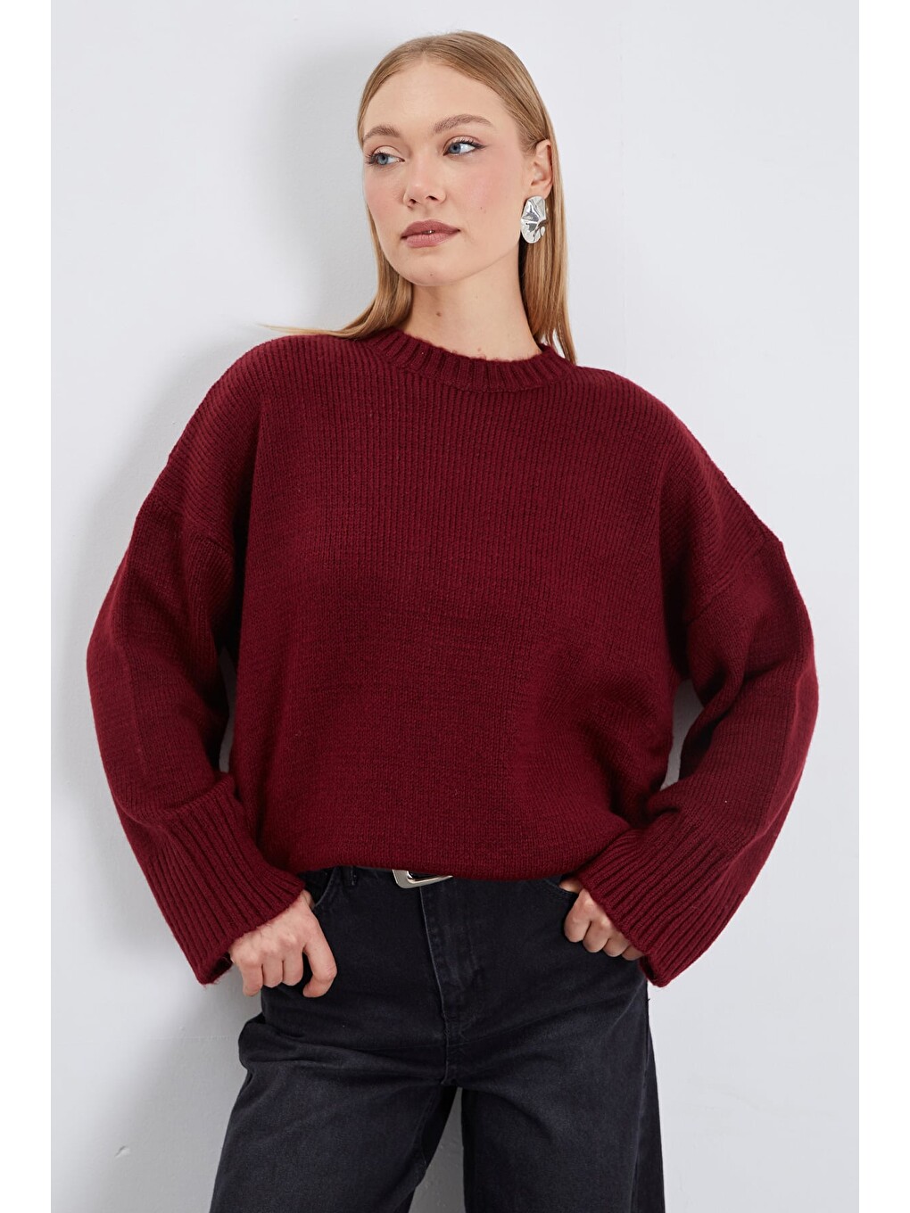 Bordo Basic Bisiklet Yaka Oversize Triko Kazak-4