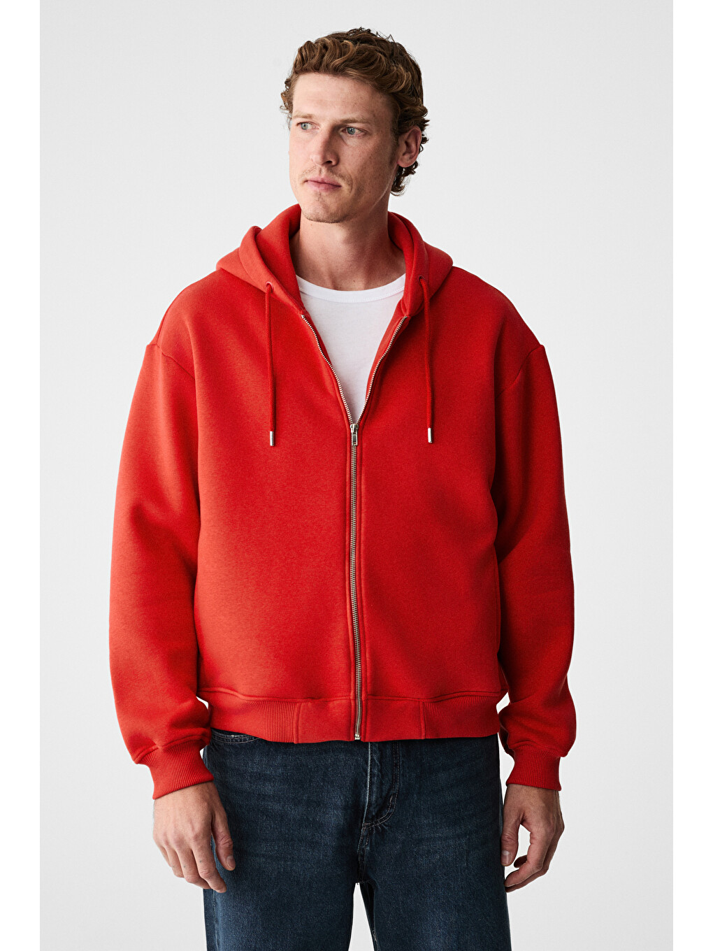 Ashby Erkek Kapüşonlu Fermuarlı Cepli Kordonlu Boxy Kalıp Kırmızı Sweatshirt-2