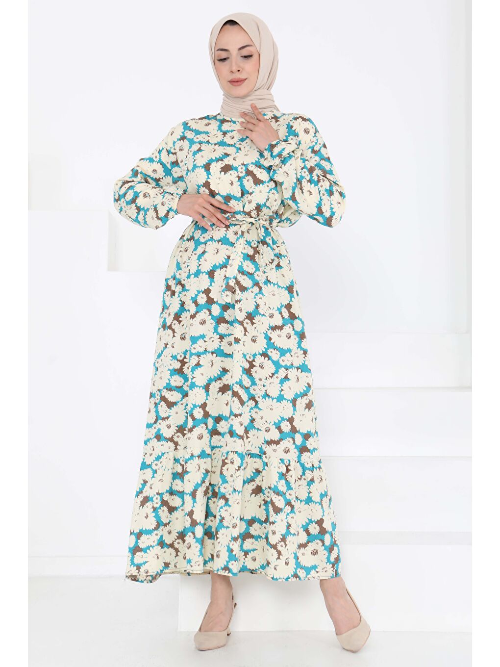 Yeşil Çiçek Desenli Elbise Mint - 27190