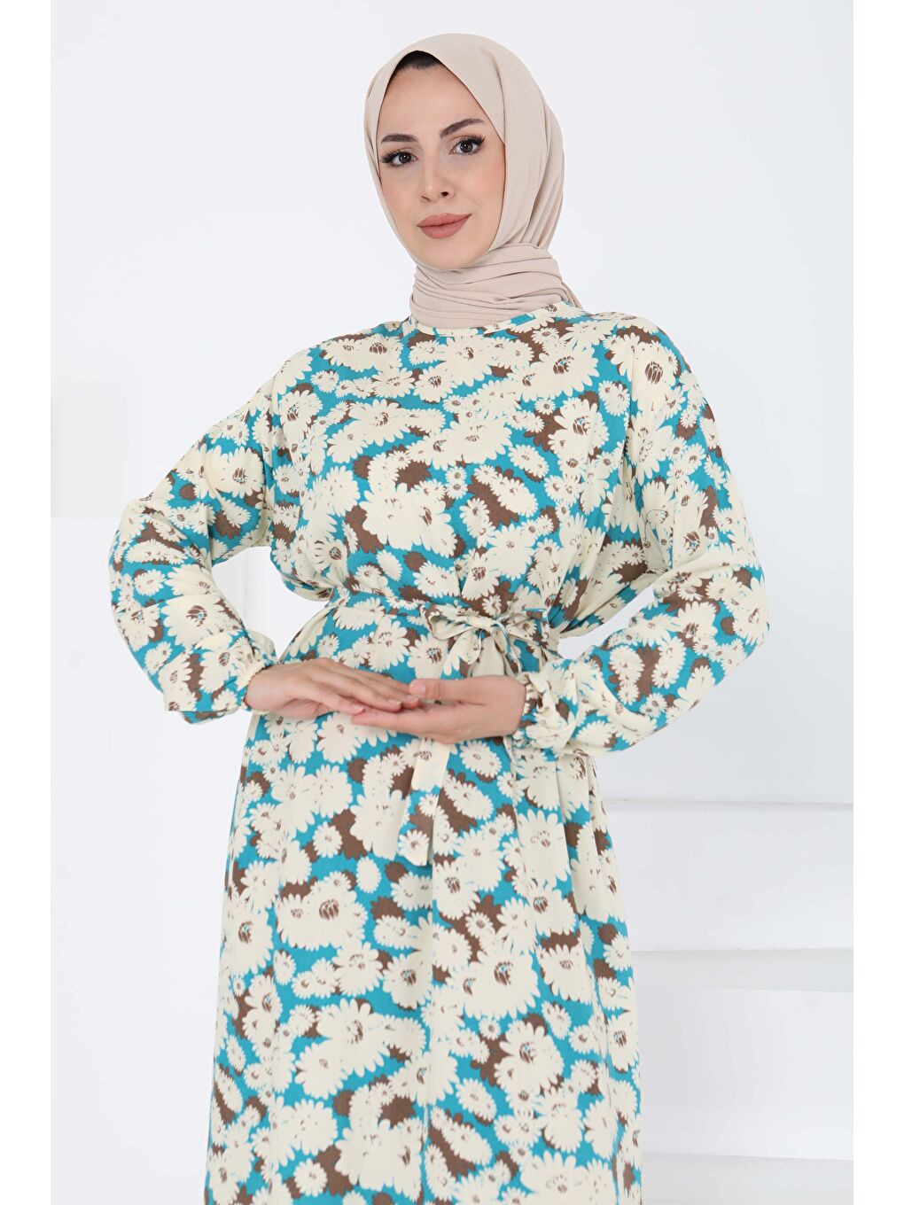 Yeşil Çiçek Desenli Elbise Mint - 27190-1