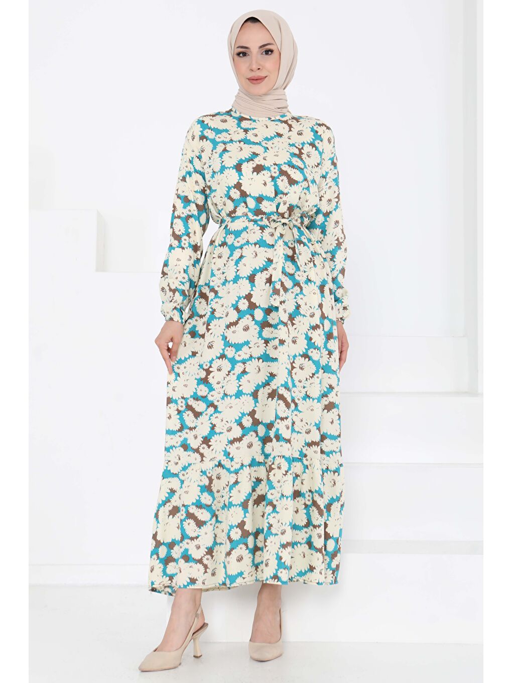 Yeşil Çiçek Desenli Elbise Mint - 27190-2