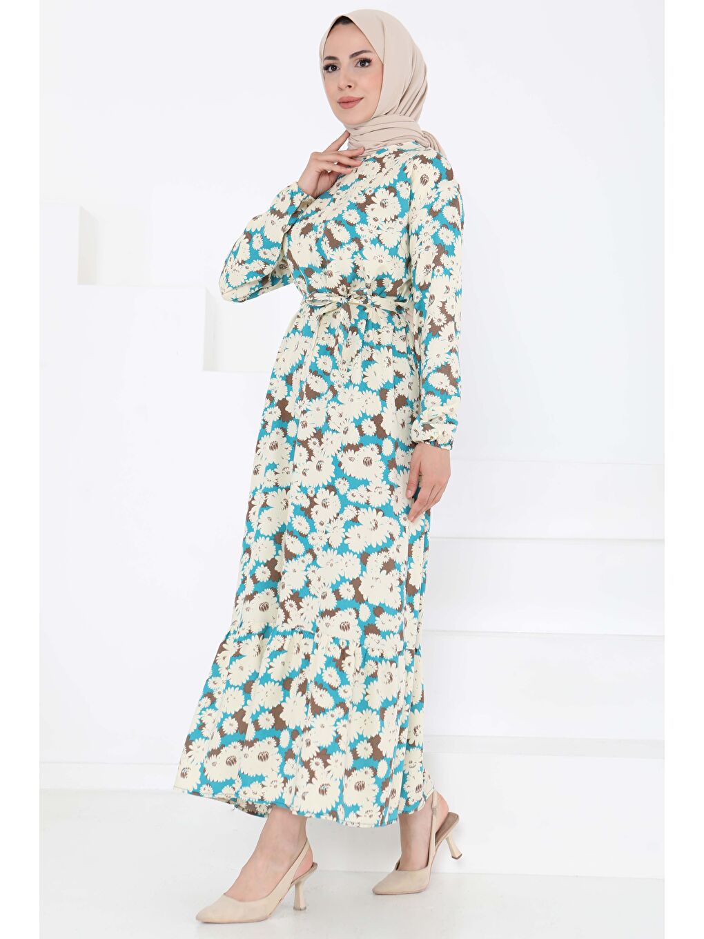 Yeşil Çiçek Desenli Elbise Mint - 27190-3