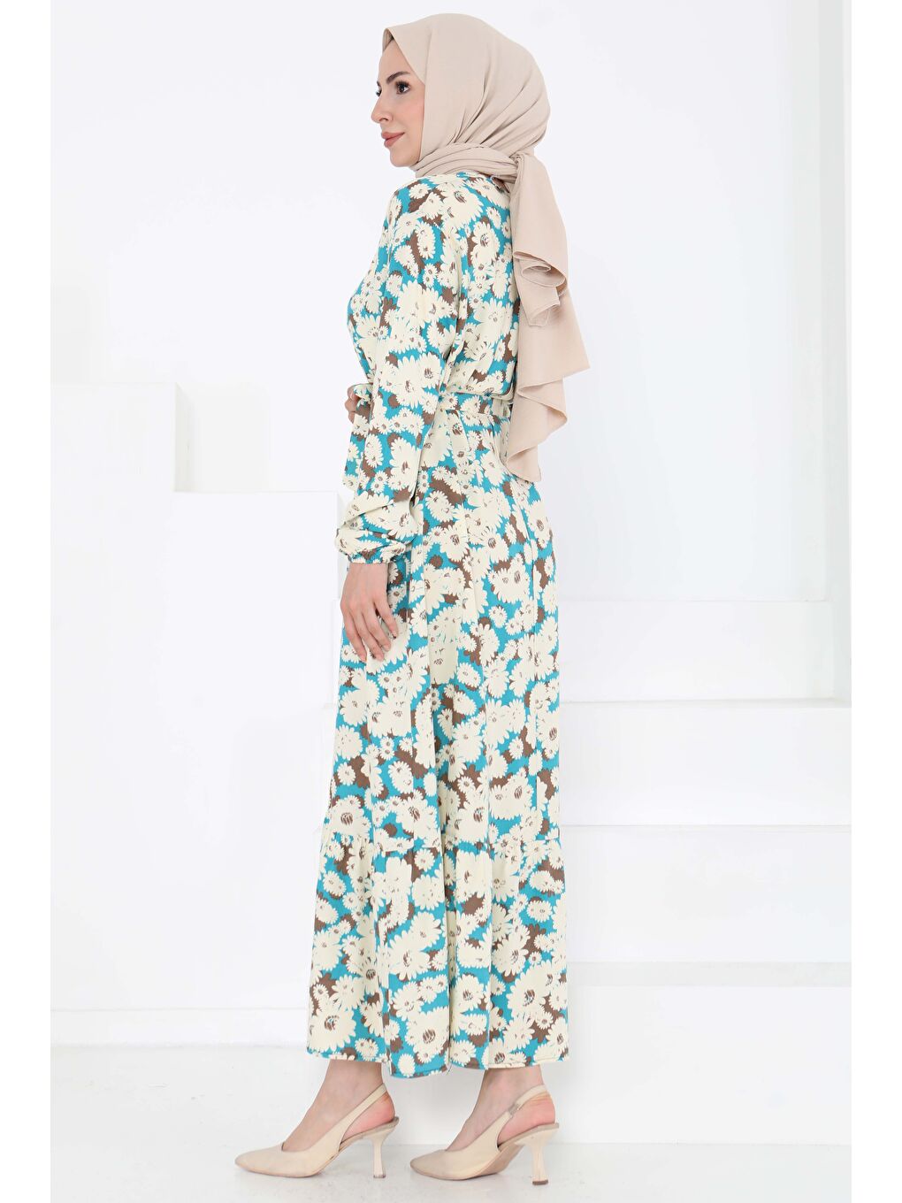 Yeşil Çiçek Desenli Elbise Mint - 27190-5