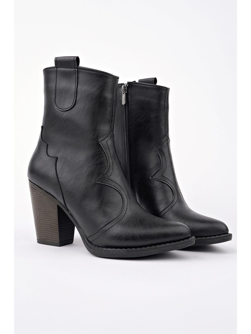 Siyah WESTON Sivri Burun Dikiş Detaylı Fermuarlı Kalın Topuklu Kovboy Kadın Bot-1