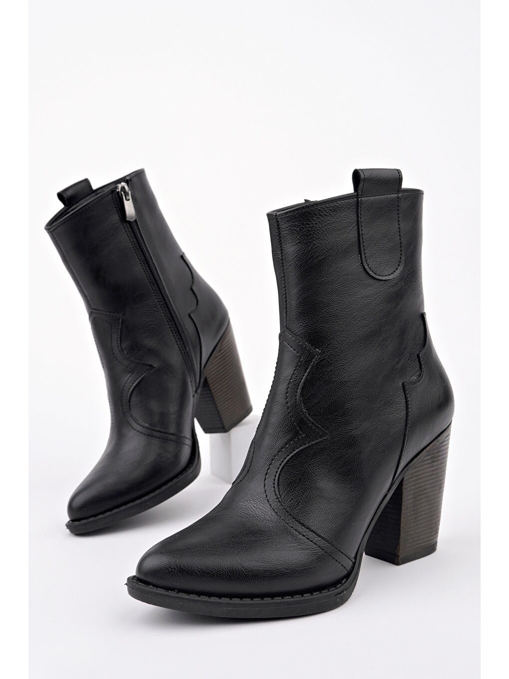Siyah WESTON Sivri Burun Dikiş Detaylı Fermuarlı Kalın Topuklu Kovboy Kadın Bot-2