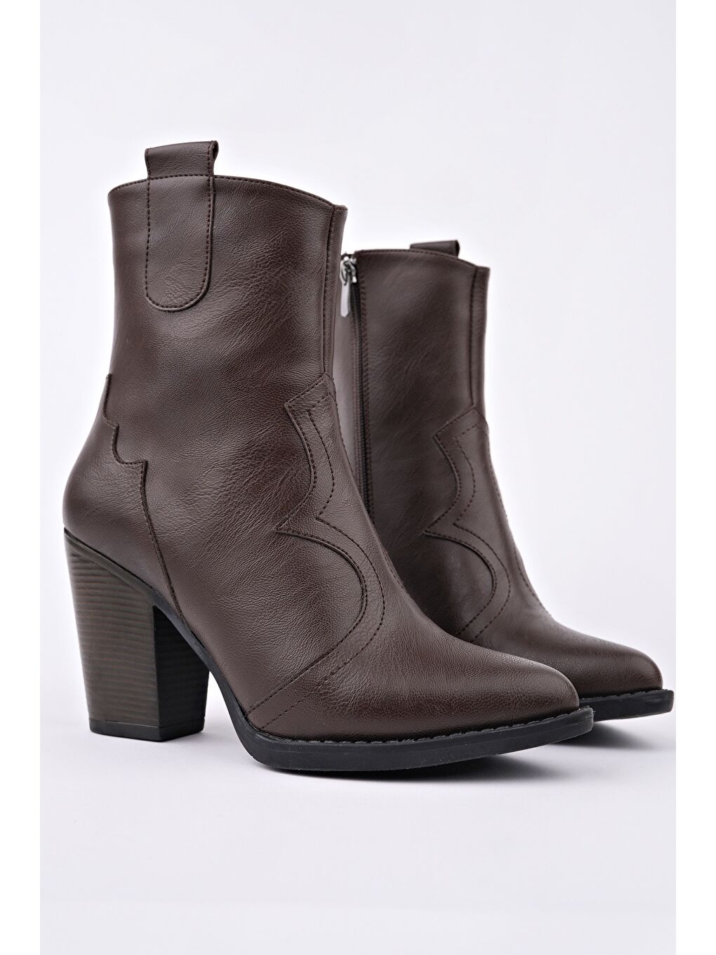 Kahverengi WESTON Sivri Burun Dikiş Detaylı Fermuarlı Kalın Topuklu Kovboy Kadın Bot-1