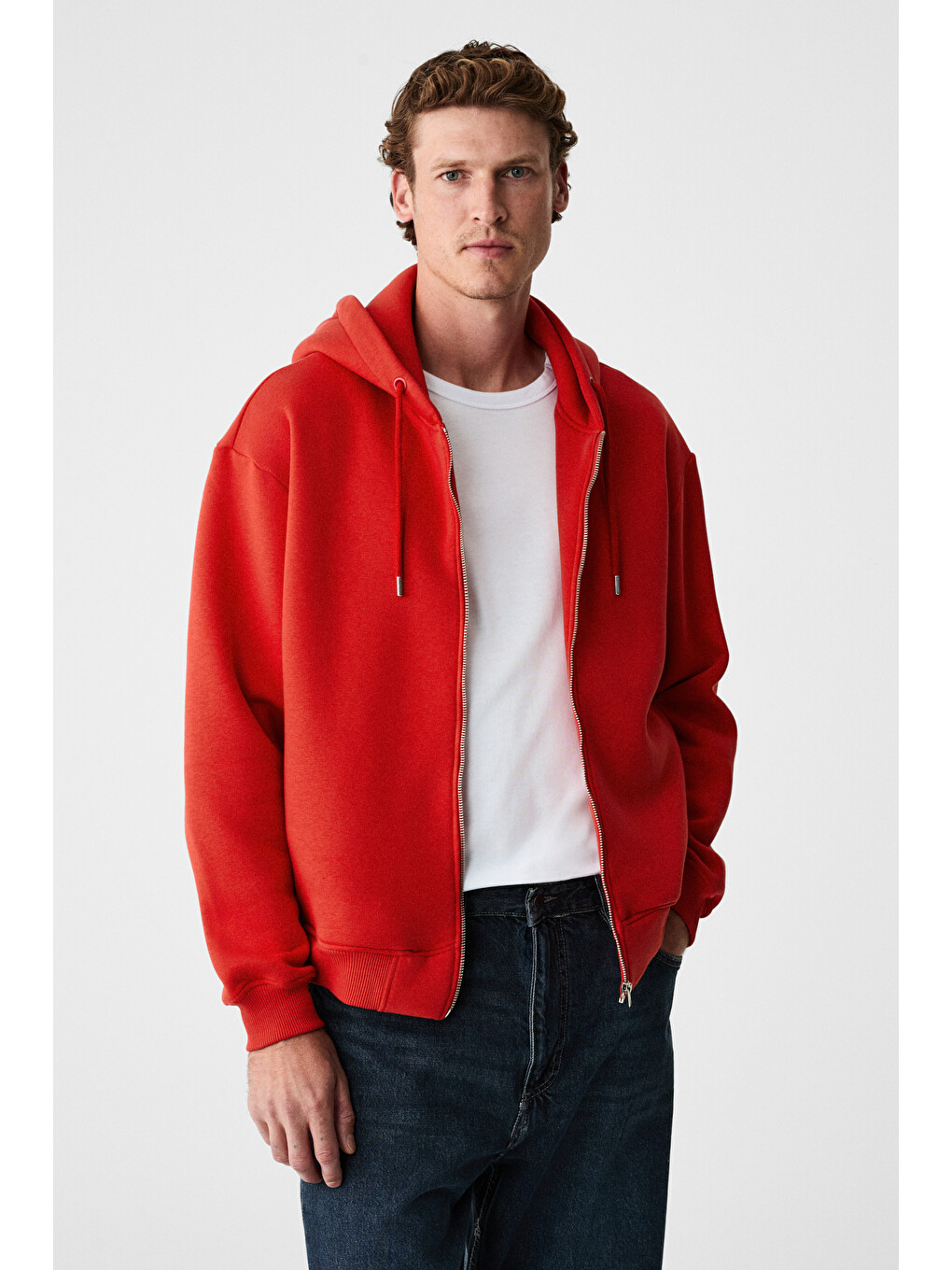 Ashby Erkek Kapüşonlu Fermuarlı Cepli Kordonlu Boxy Kalıp Kırmızı Sweatshirt-4