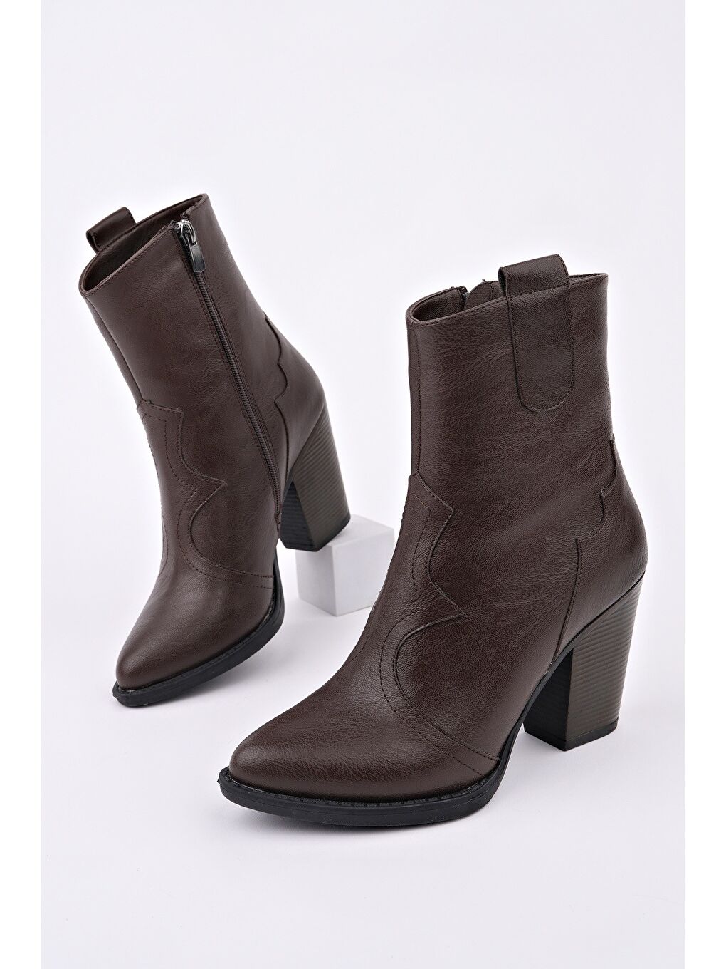 Kahverengi WESTON Sivri Burun Dikiş Detaylı Fermuarlı Kalın Topuklu Kovboy Kadın Bot-2