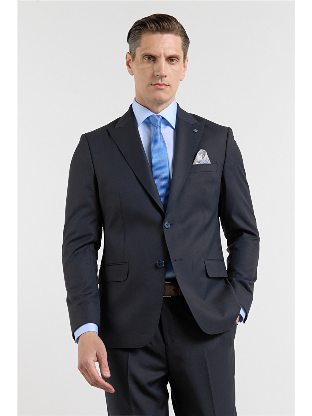Lacivert Kılıç Yaka Düz Desen 6 Drop Slim Fit Esnek Takım Elbise 1001260153-2