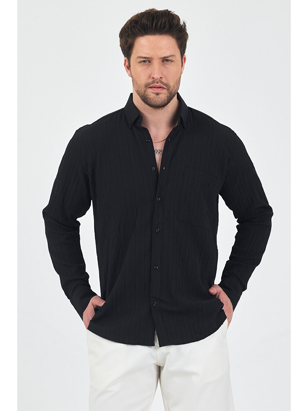 Erkek Krinkıl Siyah Gömlek