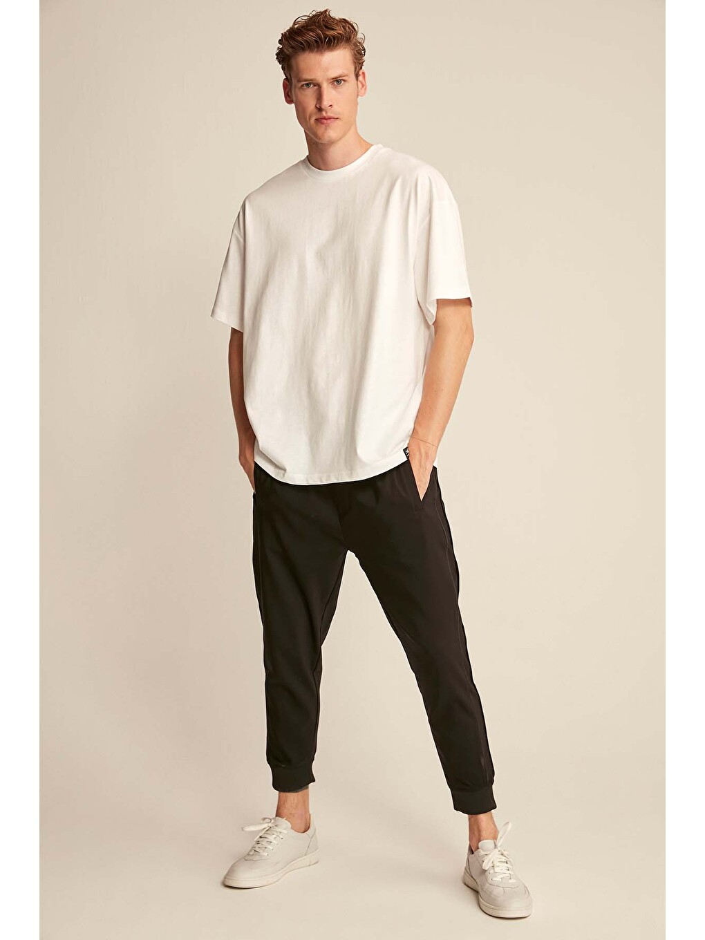 Beyaz JETT Erkek Oversize Fit %100 organik Pamuk Kalın Dokulu Bisiklet Yakalı BEYAZ T-Shirt-3