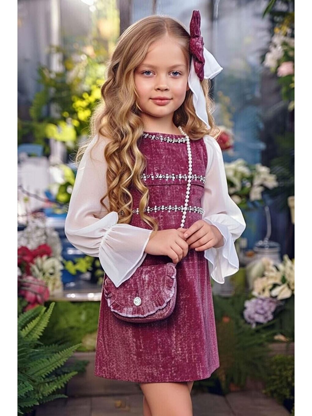 Kız Çocuk Üzeri Yatay Taş Şerit İşlemeli Kolları Tül Kumaş Detaylı Bordo Jean Elbise