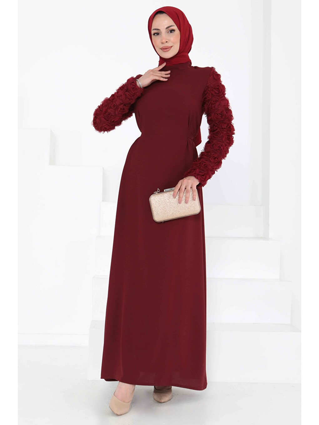 Kolu Güllü Elbise Bordo - 27185-1