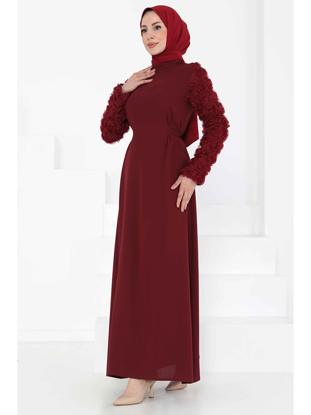 Kolu Güllü Elbise Bordo - 27185-2