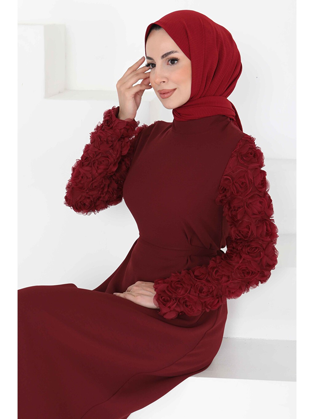 Kolu Güllü Elbise Bordo - 27185-3